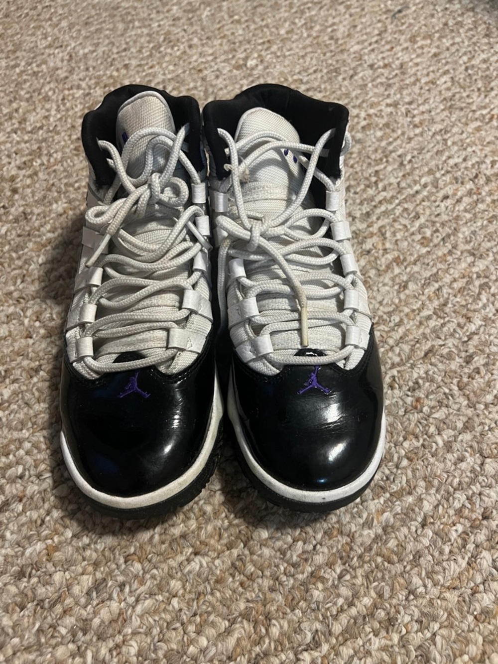 Jordan Kids High-Top Sneakers in White, Black & Purple